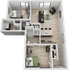 Modern 3D floor plan showcasing 2 spacious bedrooms, open living area, sleek kitchen with island, and ample natural light.