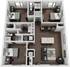 Modern 3D floor plan showcasing 3 bedrooms, two bathrooms, and an open-concept kitchen and living area with stylish decor.