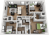 Modern 3D floor plan showcasing a stylish apartment with three bedrooms, two bathrooms, an open-concept living area, and a sleek kitchen.