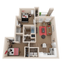 Modern 3D floor plan showcasing 3 bedrooms, 2 bathrooms, open living space with a cozy living room and inviting kitchen, perfect for stylish living.
