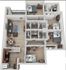 Modern 3D floor plan featuring three cozy bedrooms, an open-concept living and dining area, a stylish kitchen with island, and dual bathrooms.