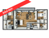 Contemporary 3D floor plan showcasing a chic 2-bedroom layout with an open kitchen and living area. Stylish interiors, modern amenities, and a functional design make this sold-out unit a perfect urban retreat.