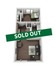 Sleek 3D floor plan of a chic apartment featuring a cozy bedroom, modern bathroom, open-concept living area, and efficient kitchen layout, labeled as sold out.