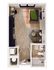 Compact 2D floor plan with a cozy bedroom, modern living area, stylish kitchen, and sleek bathroom in an efficient layout.