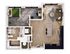 Modern 2D floor plan with a luxurious bedroom, open-concept living area, and sleek kitchen with an island, creating a cozy yet stylish environment.