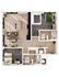 Modern 2D floor plan showcasing 2 bedrooms, open-concept kitchen and living area, and 2 luxurious baths with stylish decor.