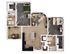 Chic 2D floor plan showcasing 2 bedrooms, an inviting open-concept living-dining area, modern kitchen with island, and 2 stylish bathrooms. Ideal for contemporary living.
