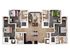 Modern floor plan showcasing a spacious apartment with three bedrooms, a central open living area, and two stylish bathrooms.