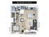 Modern 1-bedroom apartment floor plan with open-concept living area, sleek kitchen, cozy living room, and stylish bedroom. Includes in-unit laundry for convenience.