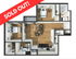 Modern 3D floor plan of a cozy apartment featuring two bedrooms, a stylish open-concept living and dining area, functional kitchen, and spacious bathrooms. SOLD OUT!