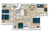Modern 4 bedroom, 2 bathroom furnished apartment layout.