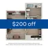 Modern 2D apartment floor plan featuring a cozy living space with 1 bedroom, well-equipped kitchen, and stylish bathroom, plus $200 off offer.