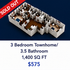 Modern 3-bedroom, 3.5-bathroom townhome floor plan with open spaces, ideal for comfortable living, 1,400 sq ft.