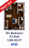 Contemporary 3D floor plan showcasing 3 bedrooms, 3.5 bathrooms, open dining area, and modern kitchen, 1,350 sq ft. Sold out at $585.