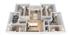 Bright and modern 3-bedroom apartment layout with open kitchen, inviting living area, and chic bathrooms, ideal for comfortable living.