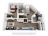 Modern apartment floor plan showcasing 2 bedrooms, a stylish open living area, and a sleek kitchen with contemporary design.