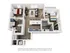 Modern 3D floor plan showcasing a stylish 2-bedroom apartment with open kitchen, cozy living room, and two elegant bathrooms.