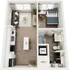 Modern 3D floor plan showcasing a cozy one-bedroom apartment with a stylish open-concept living room and kitchen, elegant bathroom, and efficient laundry space.