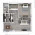 Modern 1-bedroom apartment floor plan with a spacious living area, open kitchen, cozy bedroom with a large closet, and elegant bathroom.