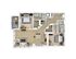 Modern apartment floor plan featuring 2 bedrooms, 2 bathrooms, an open-concept living and dining area, and a sleek kitchen with a breakfast bar, complete with a cozy balcony space.