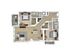 Modern floor plan featuring two spacious bedrooms, chic living area, stylish kitchen, and cozy balcony.