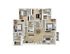 Elegant 3D floor plan showcasing a modern 3-bedroom apartment with a spacious open-concept living and dining area, sleek kitchen, and two stylish bathrooms.