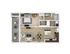 Modern apartment floor plan with 1 bedroom, open-concept living area, and kitchen, featuring a cozy balcony with seating.
