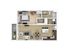 Modern floor plan showcasing a spacious one-bedroom apartment with an open-concept living and dining area, sleek kitchen, luxurious bathroom, and private balcony.