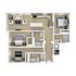 Contemporary 3D floor plan featuring three bedrooms, a stylish open-concept living area, modern kitchen with island, and two bathrooms, showcasing a spacious and functional layout.