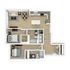 Modern 3D floor plan showcasing 2 bedrooms, a spacious open-concept living and dining area, sleek kitchen with an island, and 2 contemporary bathrooms.