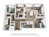 Chic 3D floor plan featuring 2 bedrooms, a stylish open kitchen with island seating, a cozy living area, and a modern home office space.
