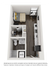 Modern studio apartment floor plan featuring a cozy bedroom, stylish kitchenette, efficient workspace, and compact bathroom with in-unit laundry.