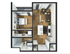 Modern 1-bedroom apartment floor plan featuring a spacious open-concept kitchen and living area, stylish bathroom, and cozy bedroom with large windows.