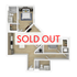 Modern 3D floor plan showcasing two bedrooms, a stylish open-concept kitchen, and living area. SOLD OUT overlay in bold red.