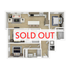 Contemporary floor plan showing two cozy bedrooms, a spacious open living area, modern kitchen, and two stylish bathrooms. Sold Out elegance.