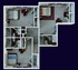 Modern 3D floor plan showcasing 3 elegant bedrooms, 2 bathrooms, and a cozy open living area with stylish design.