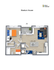 Stadium House floor plan A1 showcasing 2 bedrooms, modern kitchen with island, and cozy living area with balcony access.