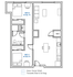 Modern floor plan showcasing two bedrooms, an open living and dining area, a well-equipped kitchen, and convenient in-unit laundry. Bedroom A is 81 sq. ft., and Bedroom B is 91 sq. ft., with a west-facing view.