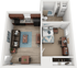 Charming apartment floor plan with 1 bedroom, cozy living area, modern kitchen, and convenient in-unit washer and dryer.