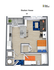 Contemporary 3D floor plan of Stadium House S1 featuring an open-concept living area, sleek kitchen, cozy bedroom, and modern bathroom.