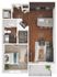 Chic floor plan showcasing a modern one-bedroom apartment with an open kitchen, inviting living area, and private balcony.