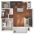 Modern 1-bedroom apartment floor plan with open kitchen and cozy living area, featuring hardwood floors and a private balcony.