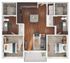Contemporary floor plan showcasing two bedrooms, an open-concept kitchen with an island, and a cozy living area. Features two stylish bathrooms, ample closet space, and a private balcony.