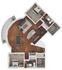 Modern, curved 2-bedroom apartment floor plan featuring a spacious open-concept living area with a pool table, sleek kitchen with island, and two bathrooms for ultimate convenience.