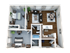 2 Bed, 1 One bath furnished floor plan.