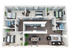 Chic 3D floor plan showcasing three spacious bedrooms, modern kitchen, elegant dining area, and cozy living room with stylish decor.