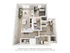 Modern 3D floor plan showcasing a stylish 2-bedroom apartment with an open-concept living and kitchen area, featuring elegant finishes and natural light.