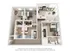 Modern 3D floor plan showcasing two bedrooms, two bathrooms, a sleek kitchen with bar seating, and a cozy living area with natural light.