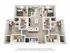 Modern 3D floor plan highlighting a spacious apartment with three bedrooms, open living area, stylish kitchen, and two bathrooms.