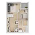 Modern open-concept 1-bedroom apartment floor plan showcasing spacious living area, stylish kitchen, and cozy bedroom with study nook.